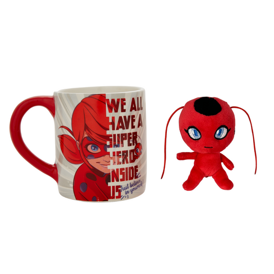 Miraculous Ladybug Mug with Plush Mini Toy, 12 oz. Ceramic Tea or Coffee Cup Gift 